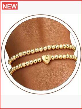 14K Gold Plated Initial Bracelet, Beaded Stretch Bracelet with Heart Charm,